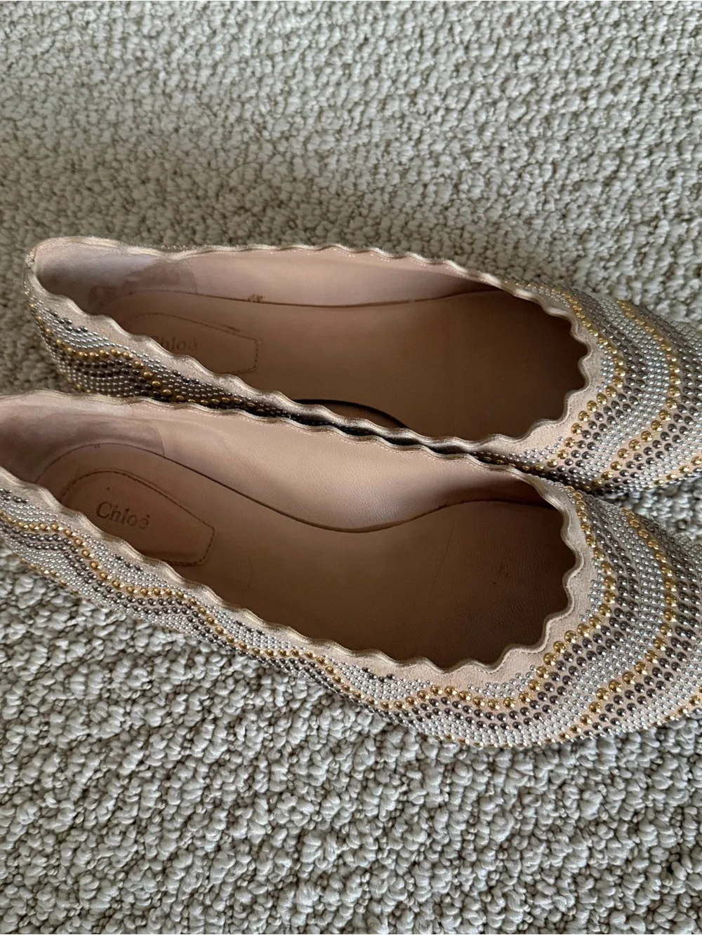 Chloe Beige Suede Studded Scalloped Lauren Ballet Flats